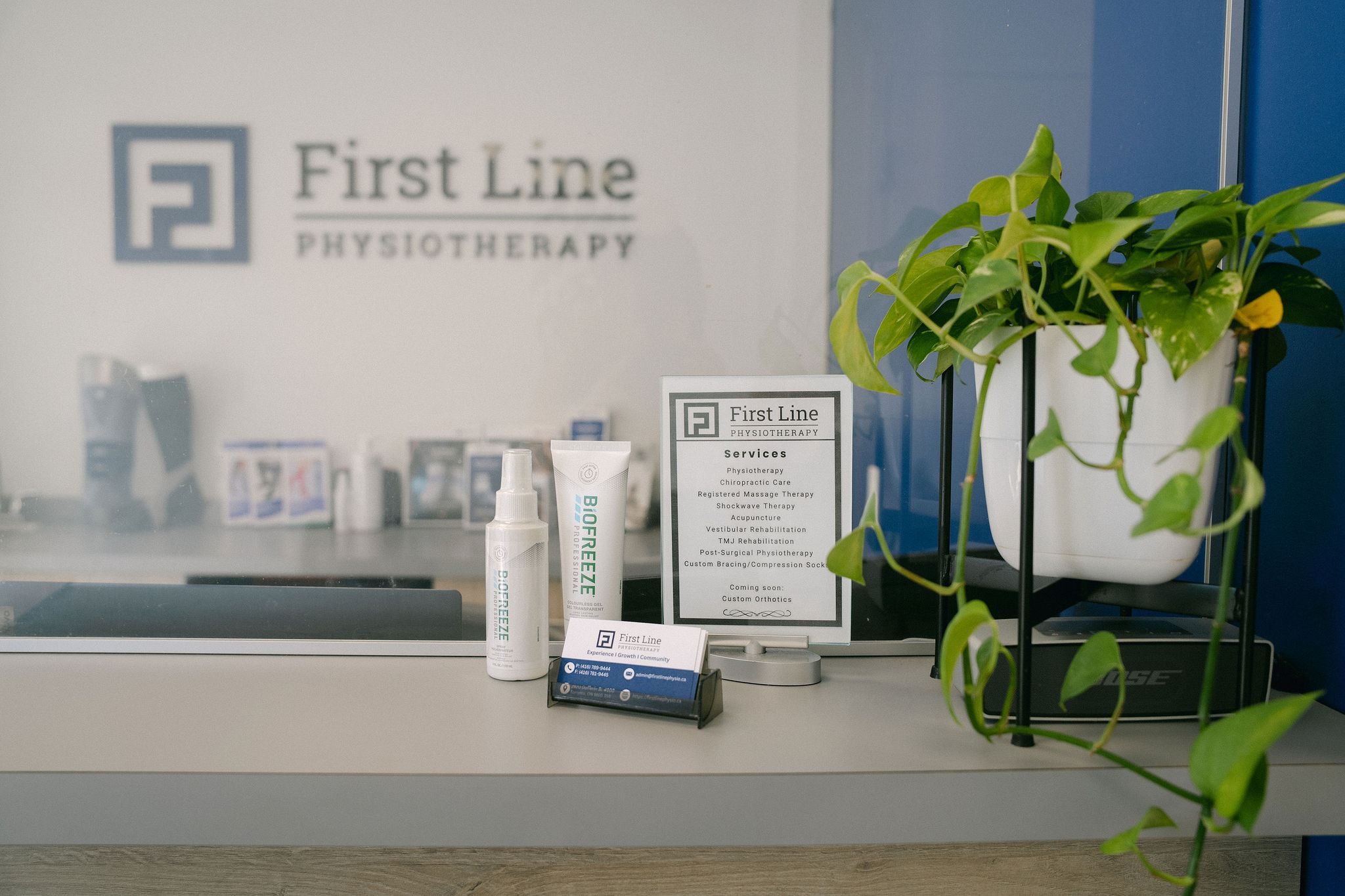 Front Desk at First Line Physiotherapy North York. Physiotherapy, Massage Chiro